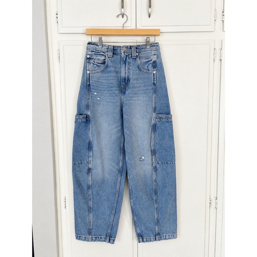 Pistola Women Light Wash Distressed High Rise Barrel Leg Cargo Utility Jeans
